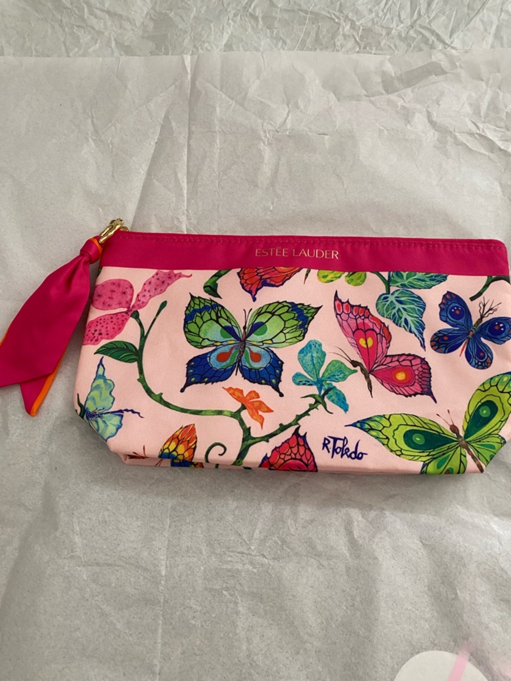 Estee Lauder Pink Butterfly Print Cosmetic Pouch with Hot Pink Trim
